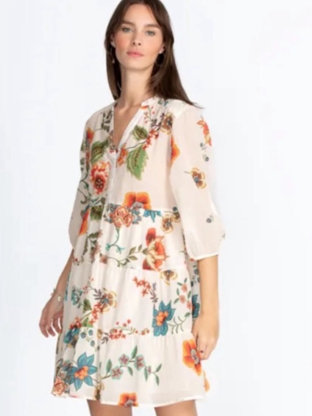 🐻 Johnny Was Ekru Ardell Tiered Henley Dress M